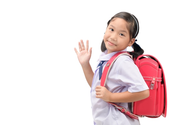 Student going to school and waving goodbye