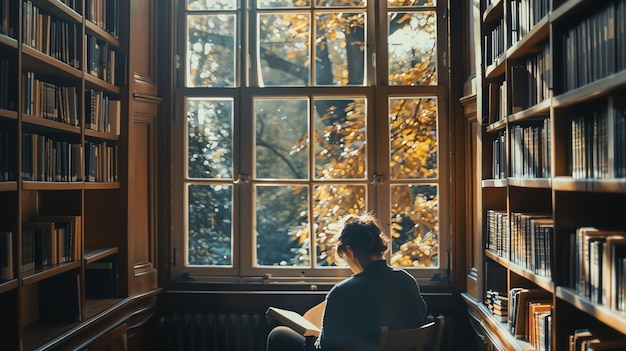 A student is sitting in a library reading a book The library is full of bookshelves and there is a large window that lets in natural light