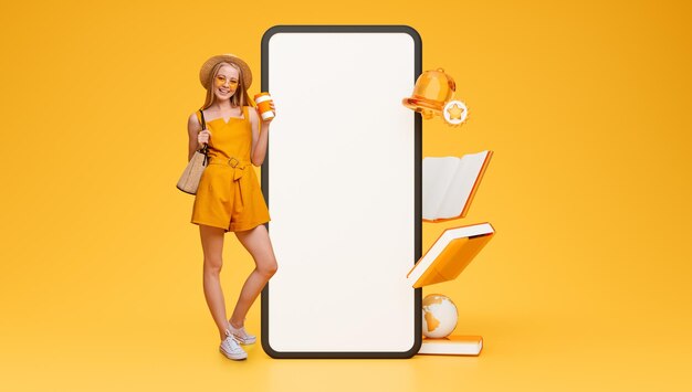 Student lady posing with large smartphone screen on yellow background