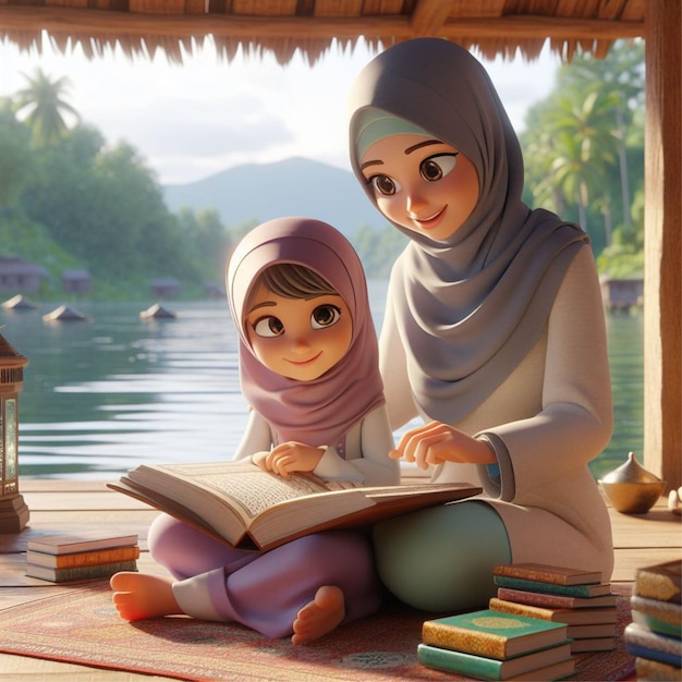 Student learning to read the Quran in a rural hut on the lake