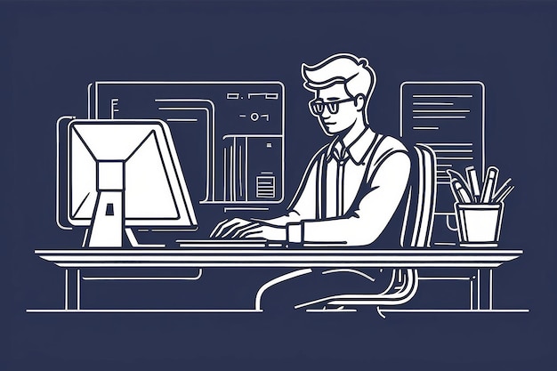 Student line icon Vector outline illustration of man working on the computer