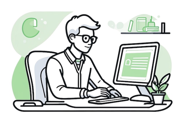 Student line icon Vector outline illustration of man working on the computer