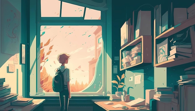 A student looking through a window digital art illustration