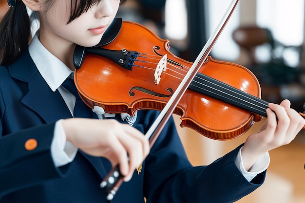 Photo student playing music instrument at the school music room