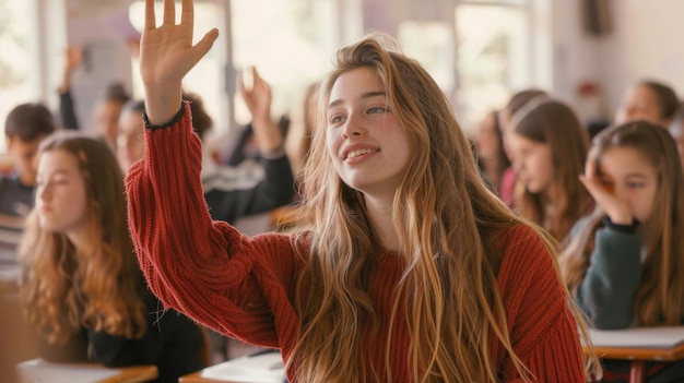 Photo student raising hand in class