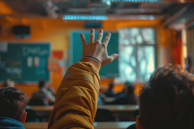 Student Raising Hand in Classroom with Blurred Teacher Teaching Background