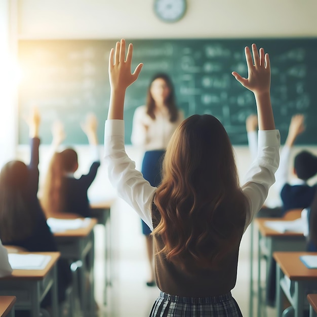 student raising hands in classroom