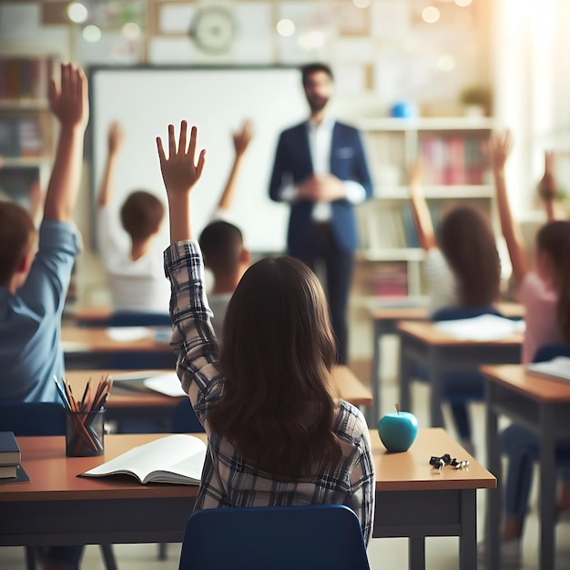 student raising hands in classroom