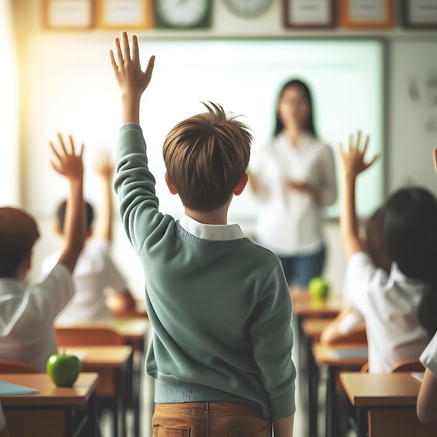 student raising hands in classroom