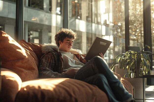 Student relaxing in a campus lounge area