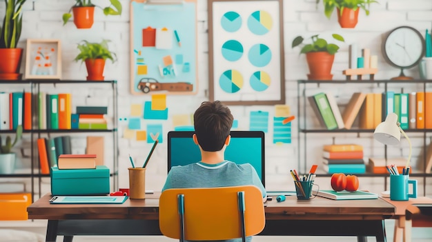 A student sits at a desk in their home office surrounded by books plants and other supplies