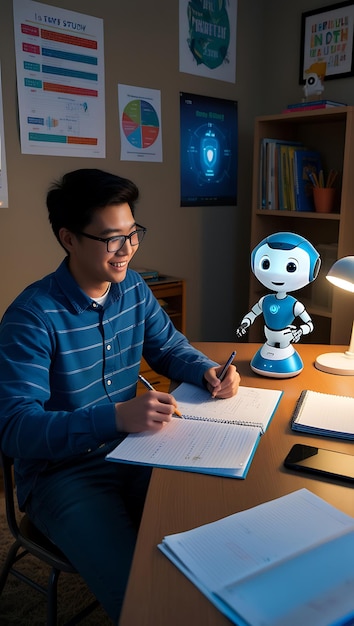 A student sitting at a desk in their bedroom The AI appears as a hologram or a small robot