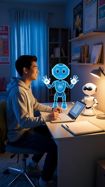 A student sitting at a desk in their bedroom The AI appears as a hologram or a small robot