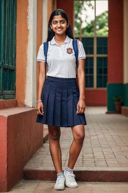 Photo student standing against brick wall