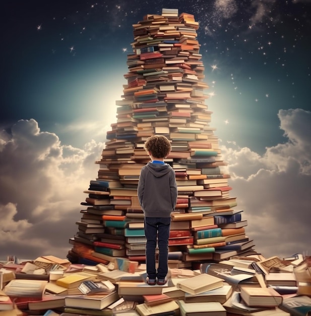 Student standing on book stack, education stock images