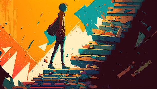 A student standing on a broken staircase represent bad education system digital art illustration