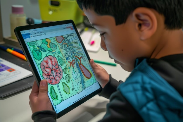 Photo student studying biology with interactive tablet for annotated and animated digital learning