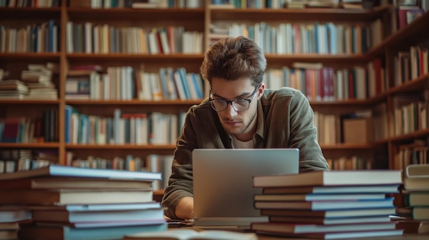 Student studying from laptop with a stack of books and notes spread around distance learning Exam