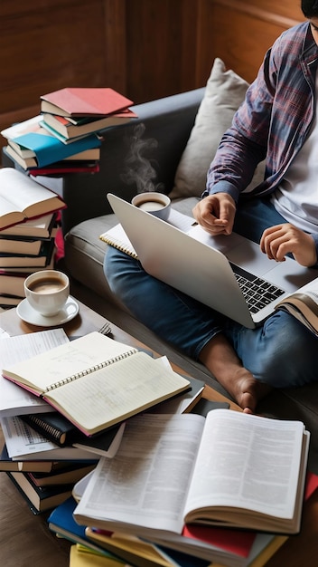 Photo student studying at home with laptop and books sitting on couch