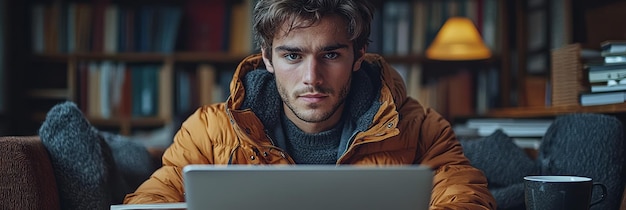 Photo a student studying with an open laptop writing down notes from a digital lecture