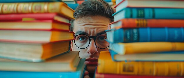 Photo student surrounded by books during exams