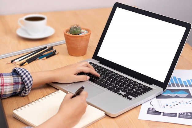 student using computer laptop with white blank screen for training online