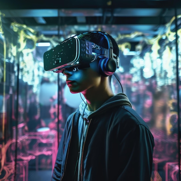 A student wearing a virtual reality headset generative ai