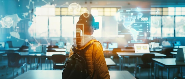 Photo a student wearing a vr headset in a futuristic classroom symbolizing advanced learning and innovative education techniques