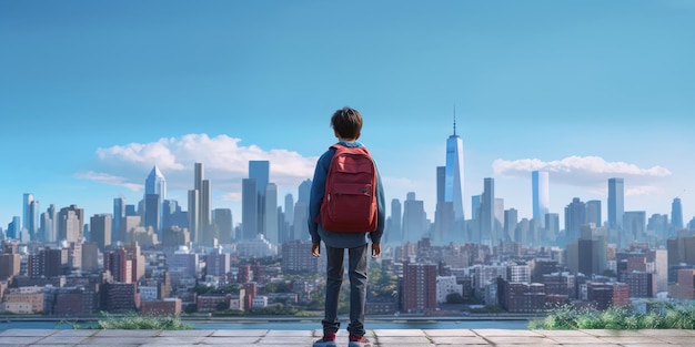 Student with Backpack Walk to School Blue Sky Background Back to School Concept Generative Ai