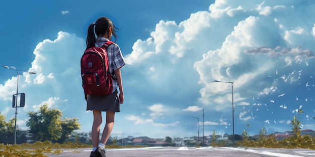 Student with Backpack Walk to School Blue Sky Background Back to School Concept Generative Ai