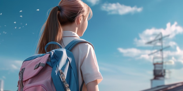 Student with Backpack Walk to School Blue Sky Background Back to School Concept Generative Ai