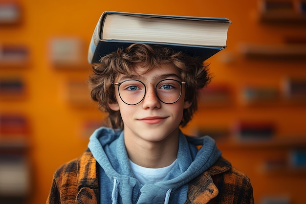 Photo student with textbook on head