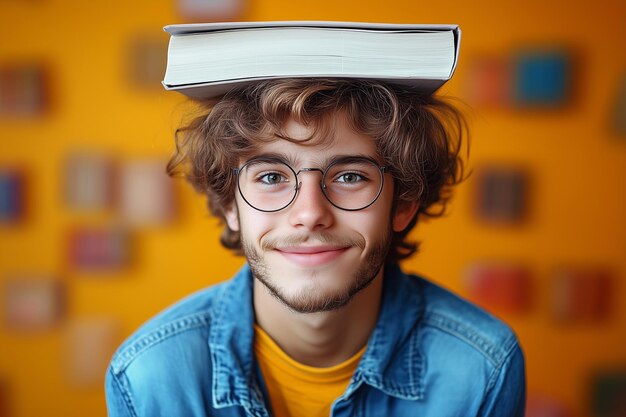 Photo student with textbook on head