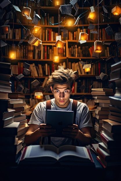 A student working on a laptop surrounded by textbooks