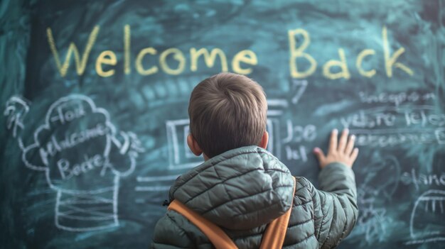 Photo student writing welcome back on the chalkboard symbolizing the beginning of a new school year full of opportunities learning and growth