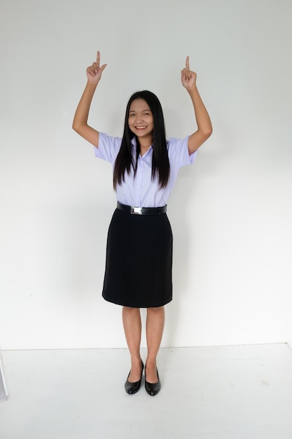 Student young girl on white background.