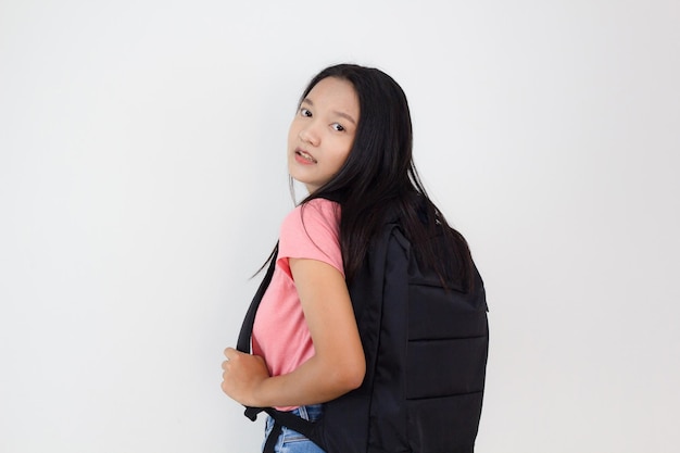 Student young girl with backpack on white background