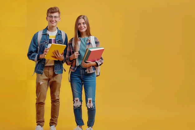 Students are positioned against a yellow backdrop holding books and backpacks Generative AI