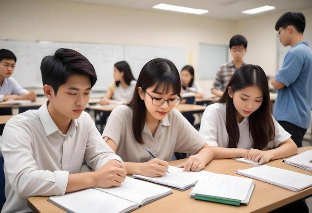 students are sitting at a desk and one has a white shirt that says students