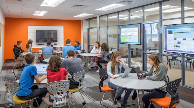 Students are working in a modern classroom with round tables and laptops