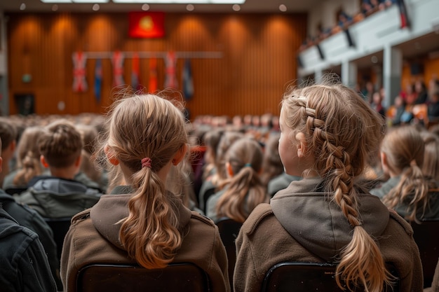 Photo students attending a ceremony in a large auditorium with flags displayed