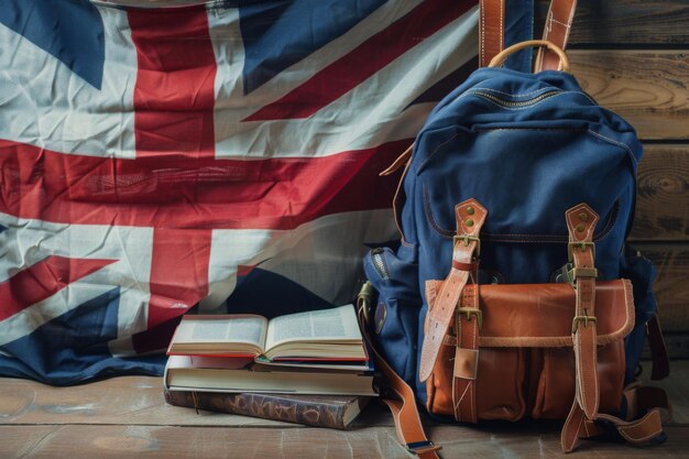 Students backpack books and the flag of Great Britain on the background The concept of advertising