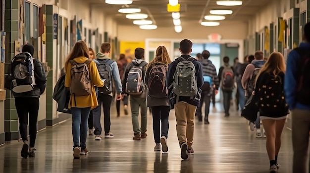 Students Carrying Backpacks and Walking Home Down The School Hallway