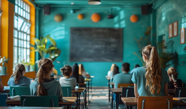 Students in Classroom With Blackboard and Plants Students sit at desks in a classroom facing a blackboard with a large plant visible in the foreground