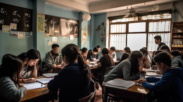 Students in a classroom with a blue wall and a window behind them.