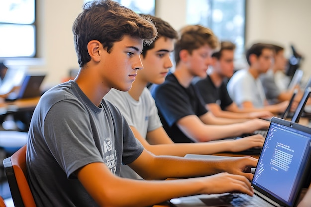 Students coding on laptops in computer science class