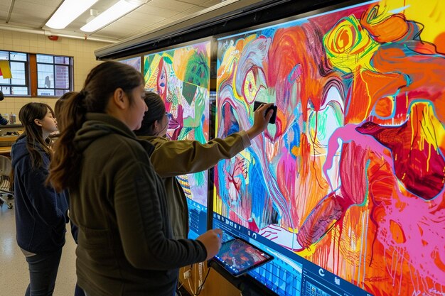 Students collaborating on a large digital mural us generative ai