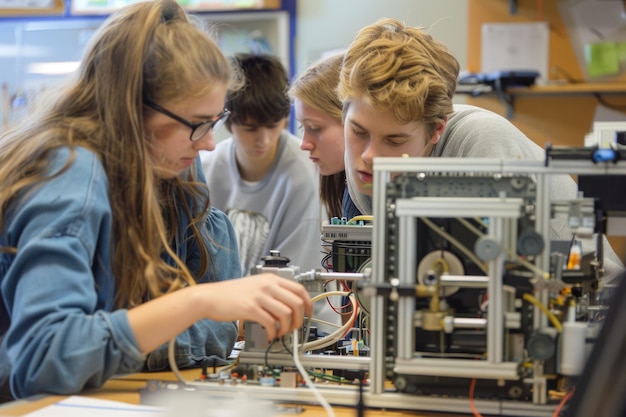 Photo students collaborating on physics project constructing apparatus and testing hypotheses in classroom