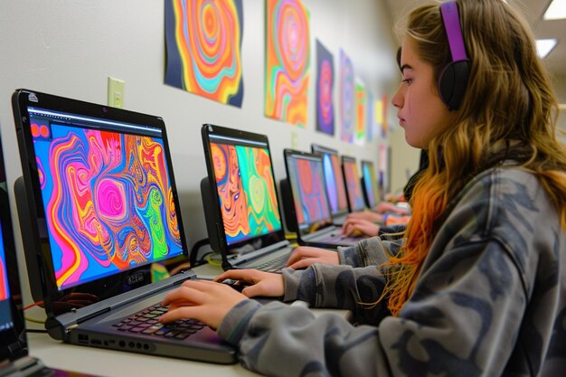 Students in a digital art cl using tablets to crea generative ai