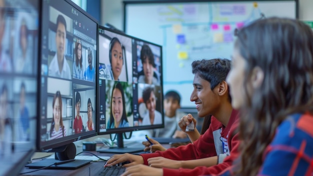 Students Engaged in Online Learning Virtual Classroom on Computer Screen Education Technology